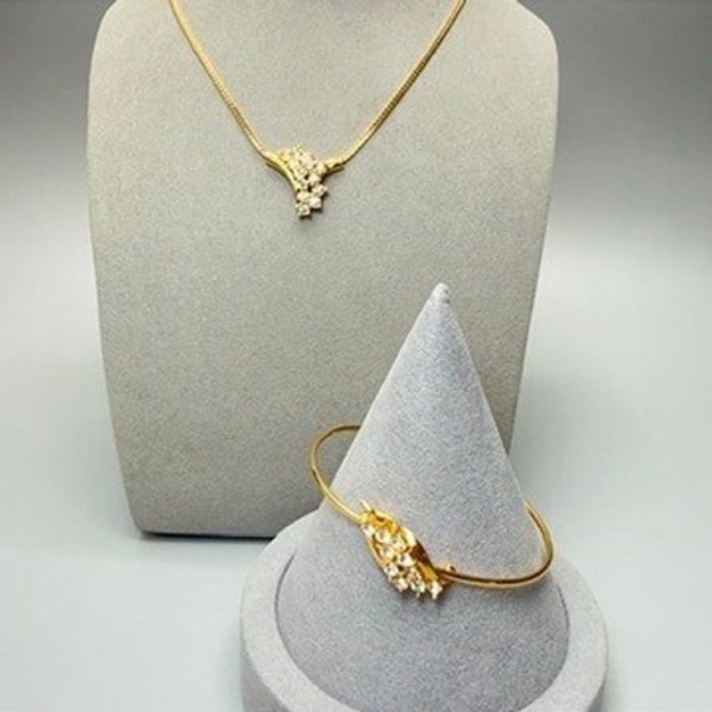 Gold Tone Rhinestone Necklace and Bracelet Set 19" 6.5" Dainty Cocktail Wedding